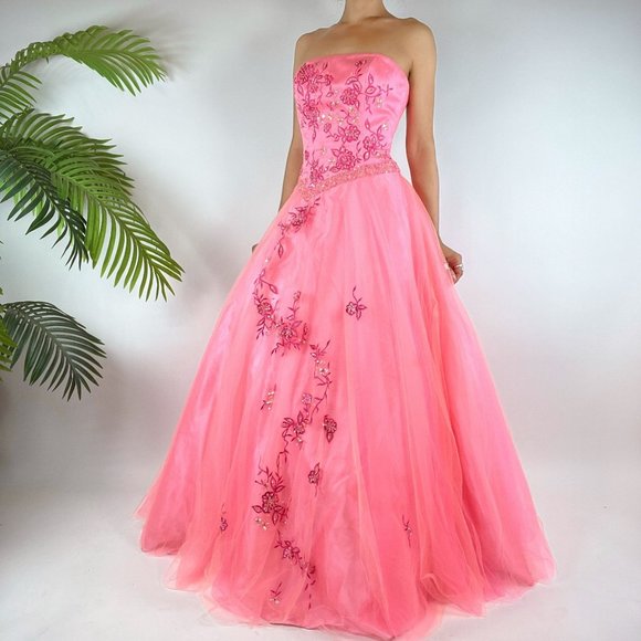 Vintage Y2K Pink Fairycore Floral Strapless Floral Prom Ball Gown Dress / Sz: 4 - Picture 2 of 6